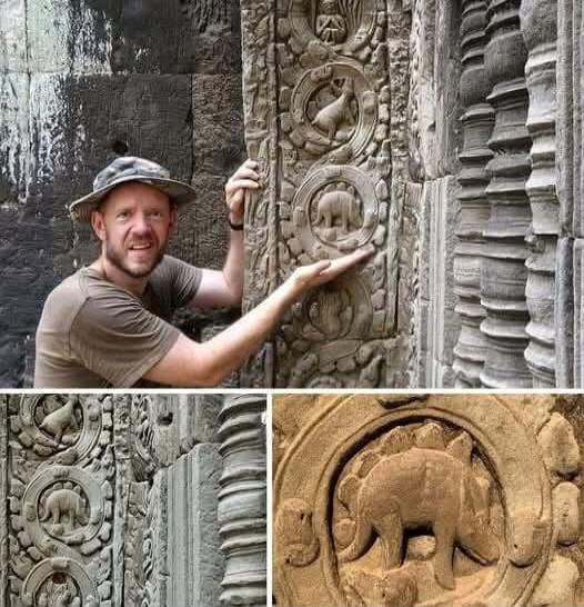A man wearing a hat stands beside intricately carved stone walls, posing with the carvings. The collage includes close-up shots of circular reliefs featuring animal figures, notably an elephant carved into stone.