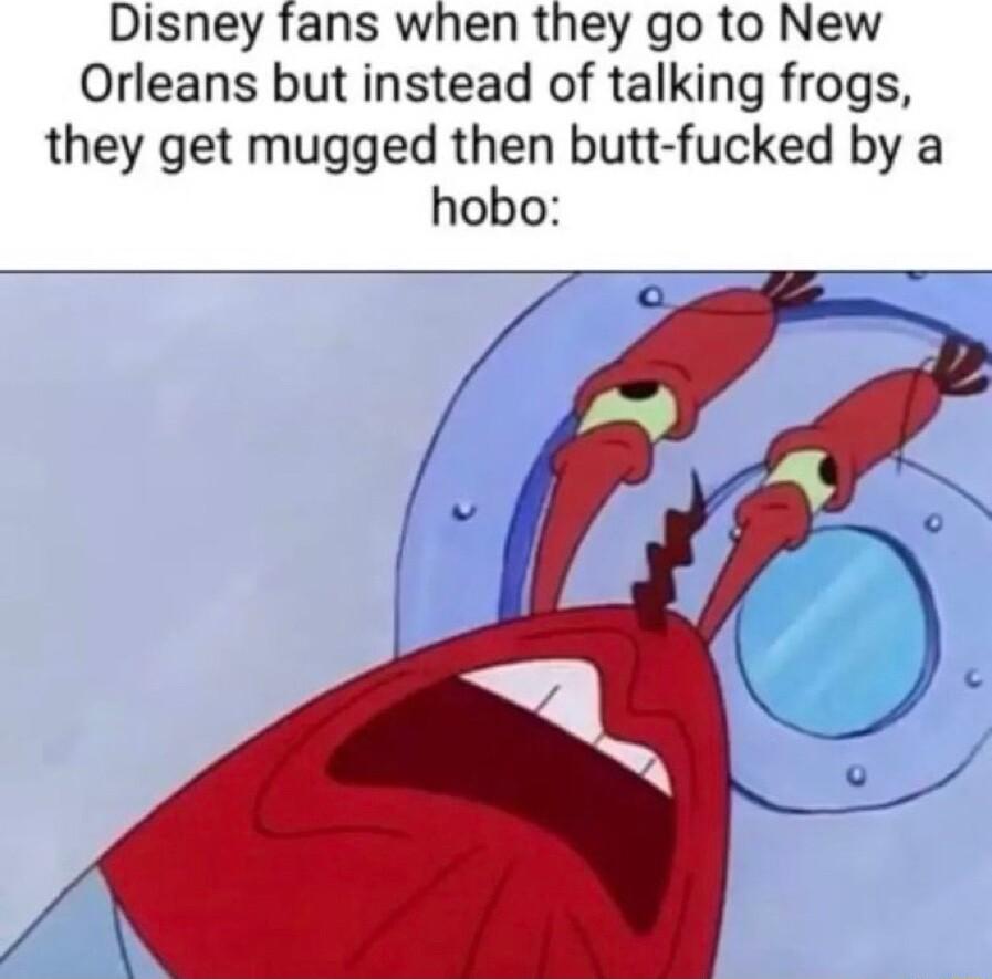 Disney fans when they go to New Orleans but instead of talking frogs they get mugged then butt fucked by a hobo