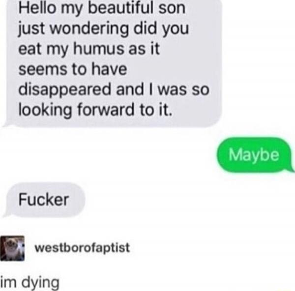 Hello my beautiful son just wondering did you eat my humus as it seems to have disappeared and I was so looking forward to it.
Maybe
Fucker
westborofaptist
im dying
