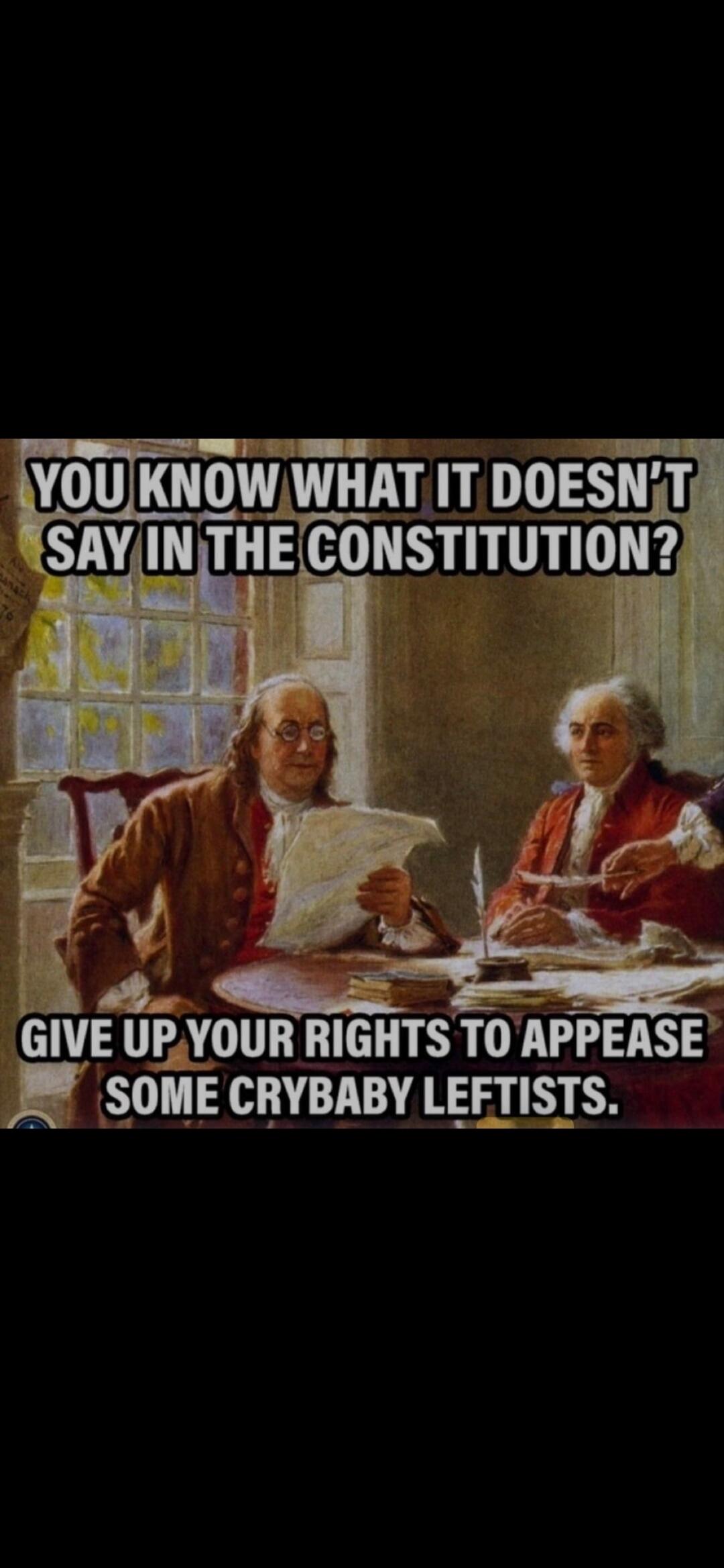 YOU KNOW WHAT IT DOESN'T SAY IN THE CONSTITUTION? GIVE UP YOUR RIGHTS TO APPEASE SOME CRYBABY LEFTISTS.