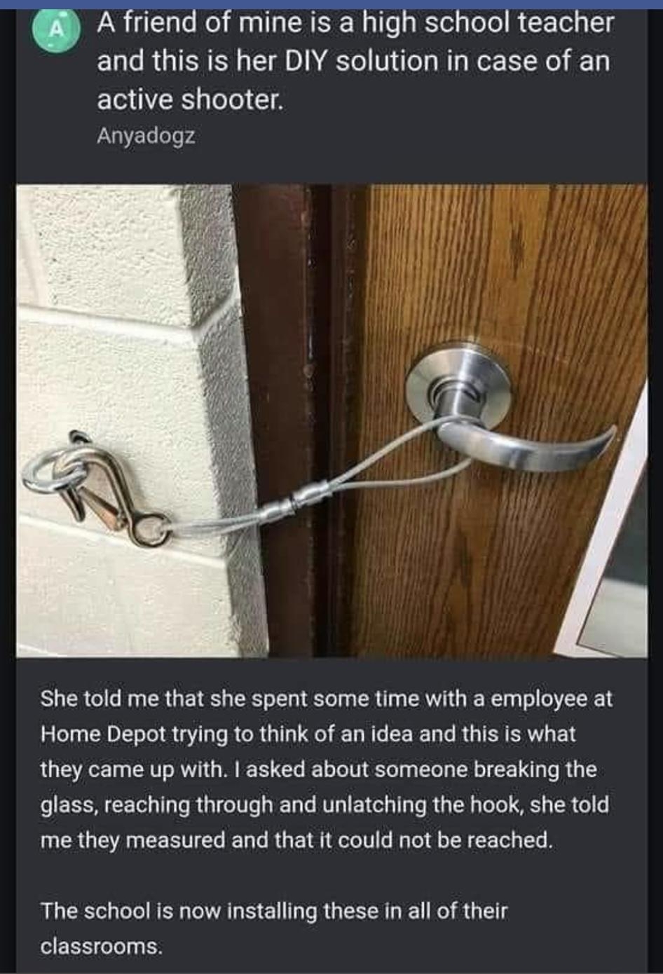 443 wl T Facebook Open in the Facebook app Vo oI X VT eleF10 S A friend of mine is a high school teacher 10 o R GTSNEN ST DI NETo V a W g Wor Yo i1 active shooter X3 e oTe Y4 i She told me that she spent some time with a employee at Home Depot trying to think of an idea and this is what they came up with asked about someone breaking the o EESSMF Tel a1 gTo Riado 0o g WETale MV Ip1 E1Cols 1 3T s oT