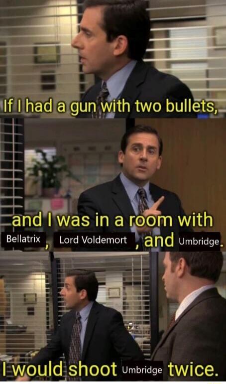 If I had a gun with two bullets, and I was in a room with Bellatrix, Lord Voldemort, and Umbridge, I would shoot Umbridge twice.
