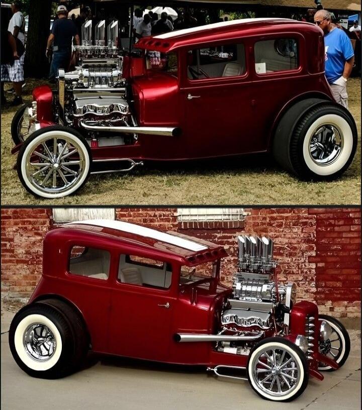 A custom-built red hot rod car with a large exposed chrome engine and white wall tires, shown from two different angles.