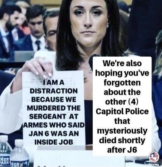 I AM A DISTRACTION BECAUSE WE MURDERED THE SERGEANT AT ARMES WHO SAID JAN 6 WAS AN INSIDE JOB. We're also hoping you've forgotten about the other (4) Capitol Police that mysteriously died shortly after J6.