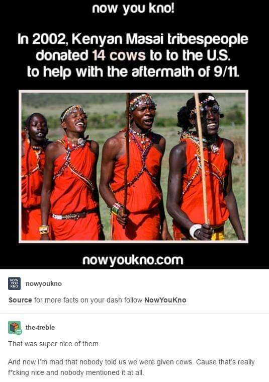 now you kno In 2002 Kenyan Masai tribespeople donated 14 cows lo to the US to help with the aftermath of 911 nowyouknocom wyoukno