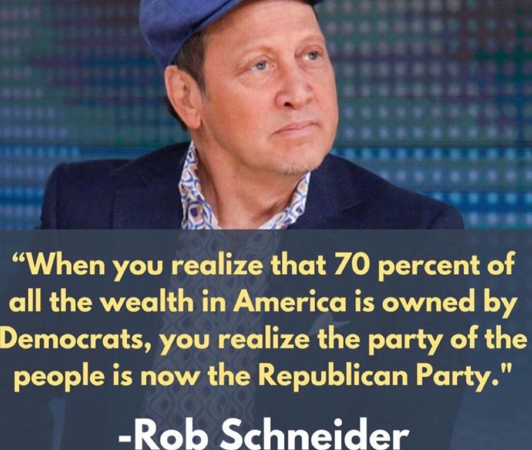 When you reullxe that 70 percent of all the weulth in America is owned by Democrats you realize the party of the people is now the Republican Party Rob Schneider