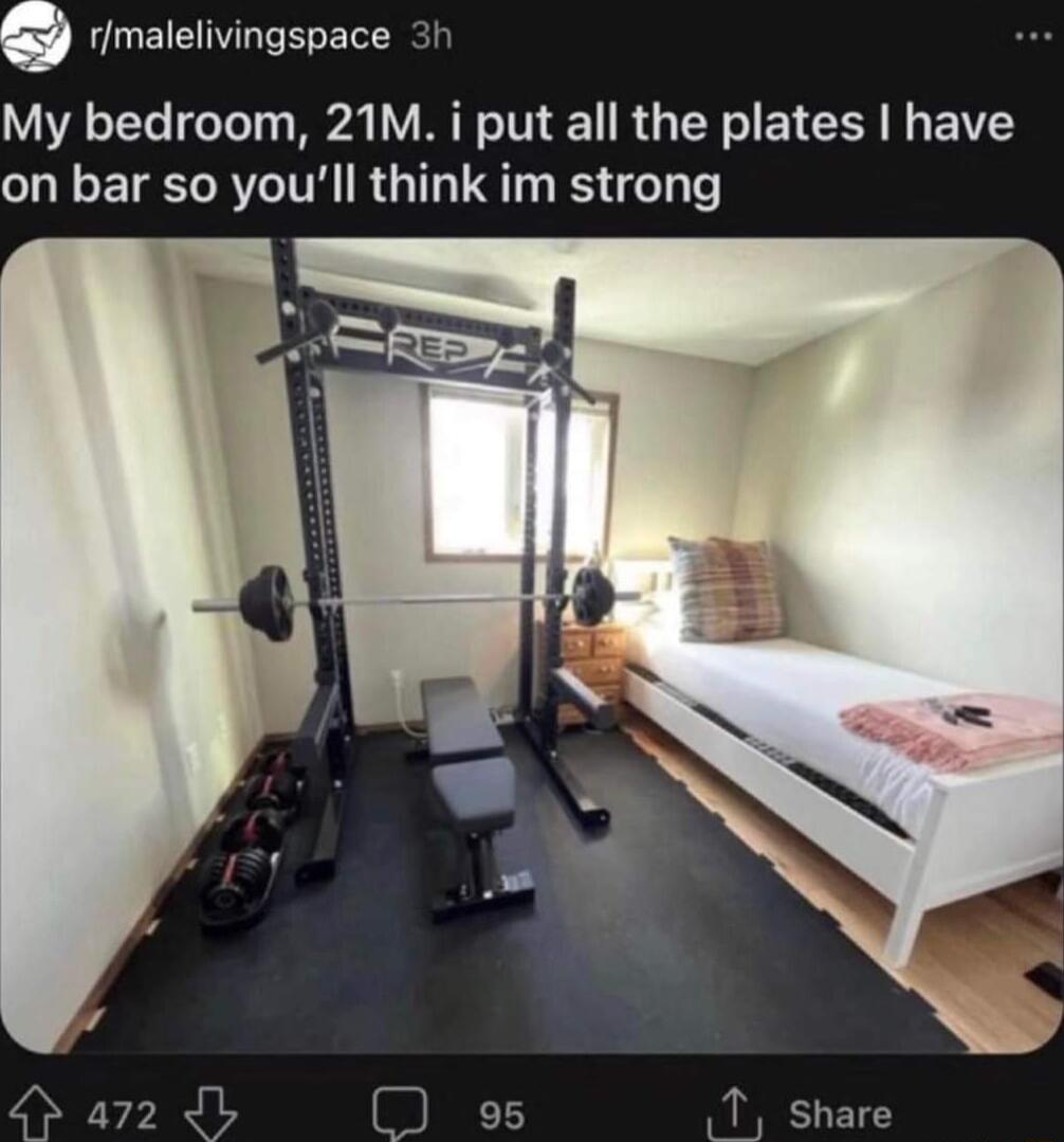 rmalelivingspace 3t My bedroom 21M i put all the plates have on bar so youll think im strong