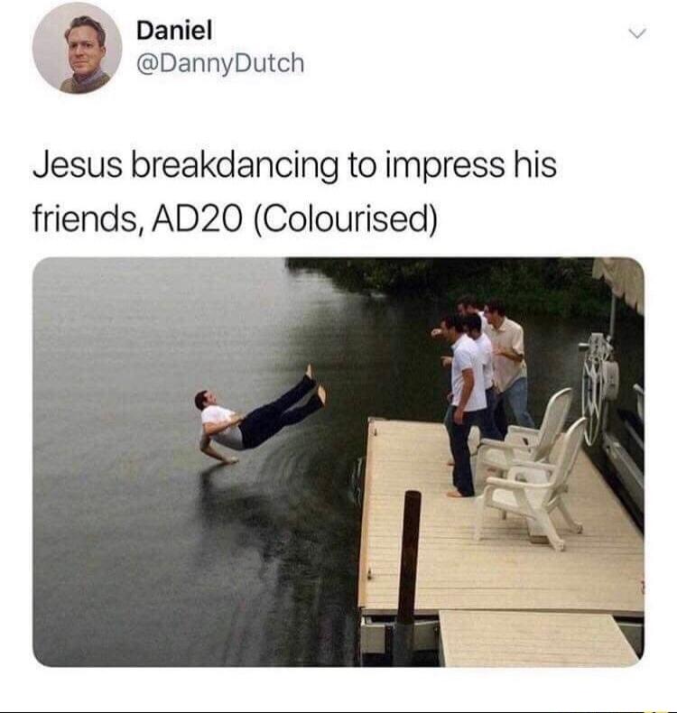 Daniel @DannyDutch Jesus breakdancing to impress his friends, AD20 (Colourised)