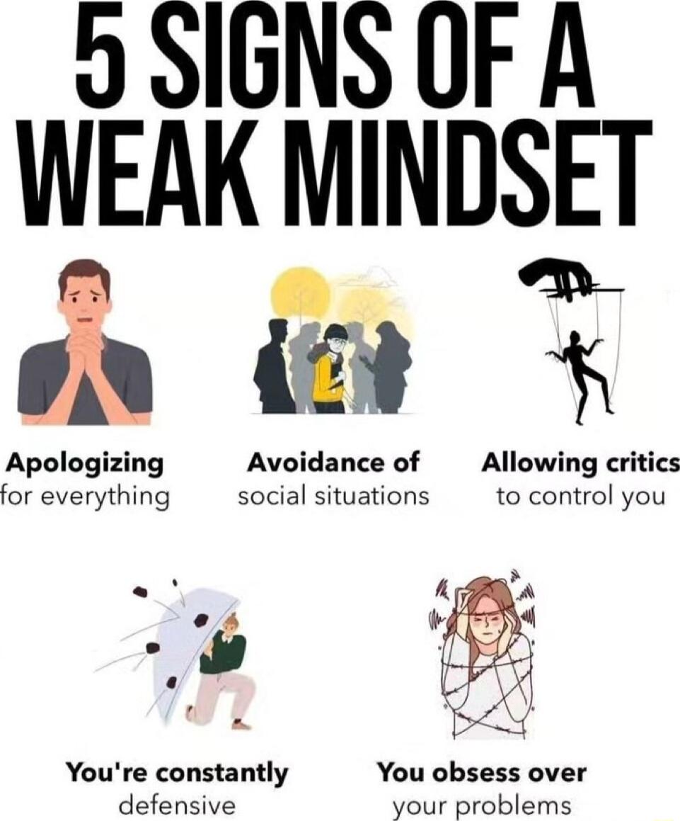 9 lGNS UF A ALEAK MINDiELT Apologizing Avoidance of Allowing critics for everything social situations to control you L Youre constantly You obsess over detanatue YU ETEblemE
