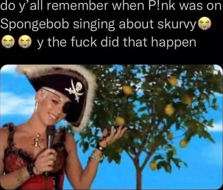 do y all remember when Pink was on Spongebob singing about skurvy y the fuck did that happen