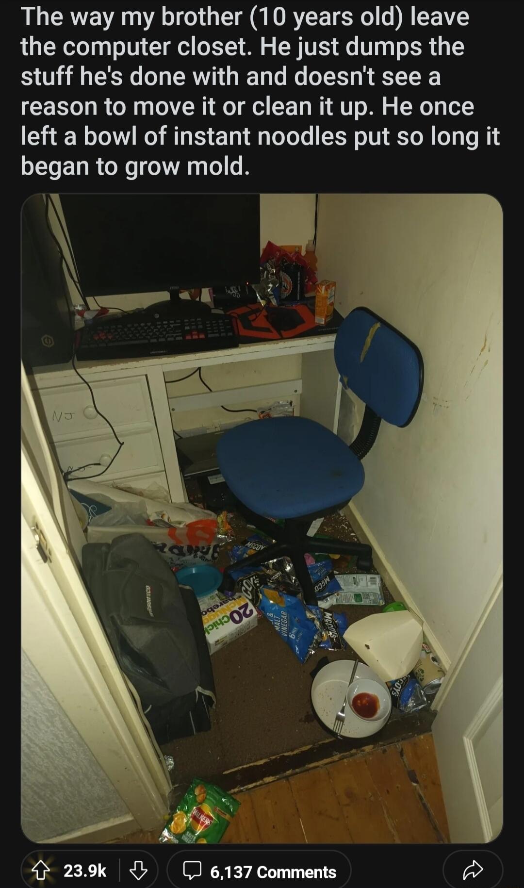 The way my brother 10 years old leave the computer closet He just dumps the stuff hes done with and doesnt see a reason to move it or clean it up He once left a bowl of instant noodles put so long it ELEURGR IR 239k 6137 Comments