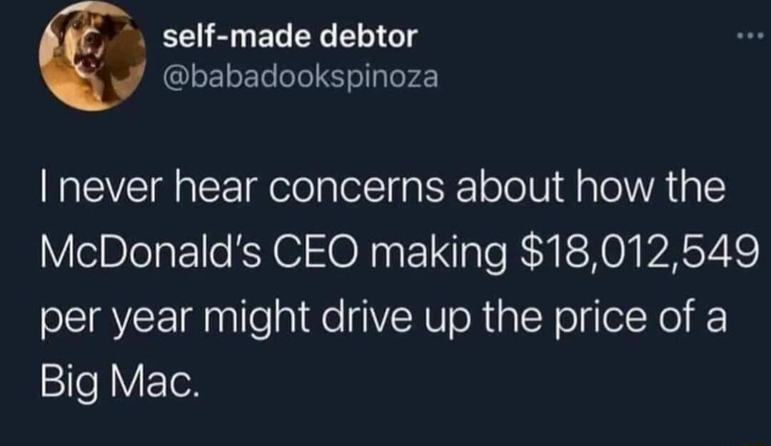 self made debtor babadookspinoza I never hear concerns about how the McDonalds CEO making 18012549 per year might drive up the price of a Big Mac