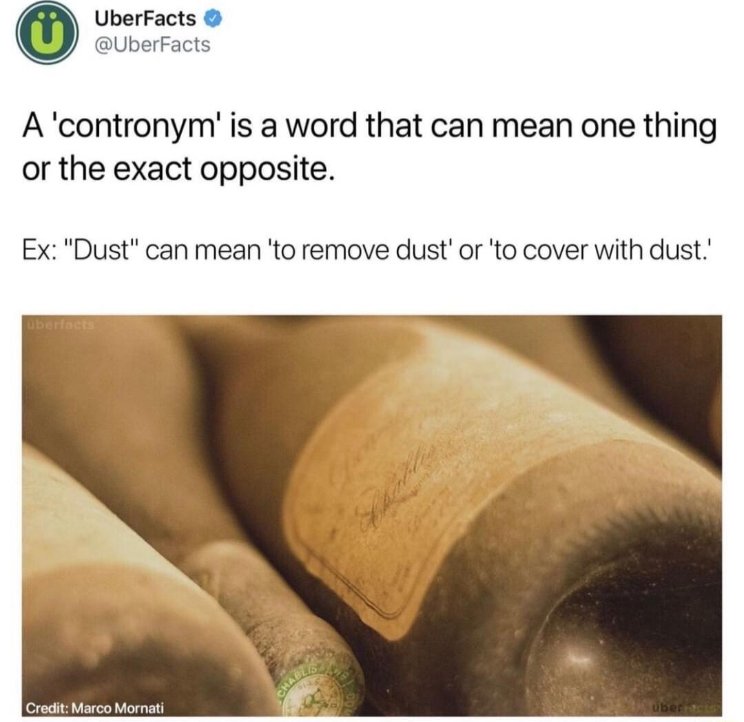 UberFacts UberFacts A contronym is a word that can mean one thing or the exact opposite Ex Dust can mean to remove dust or to cover with dust