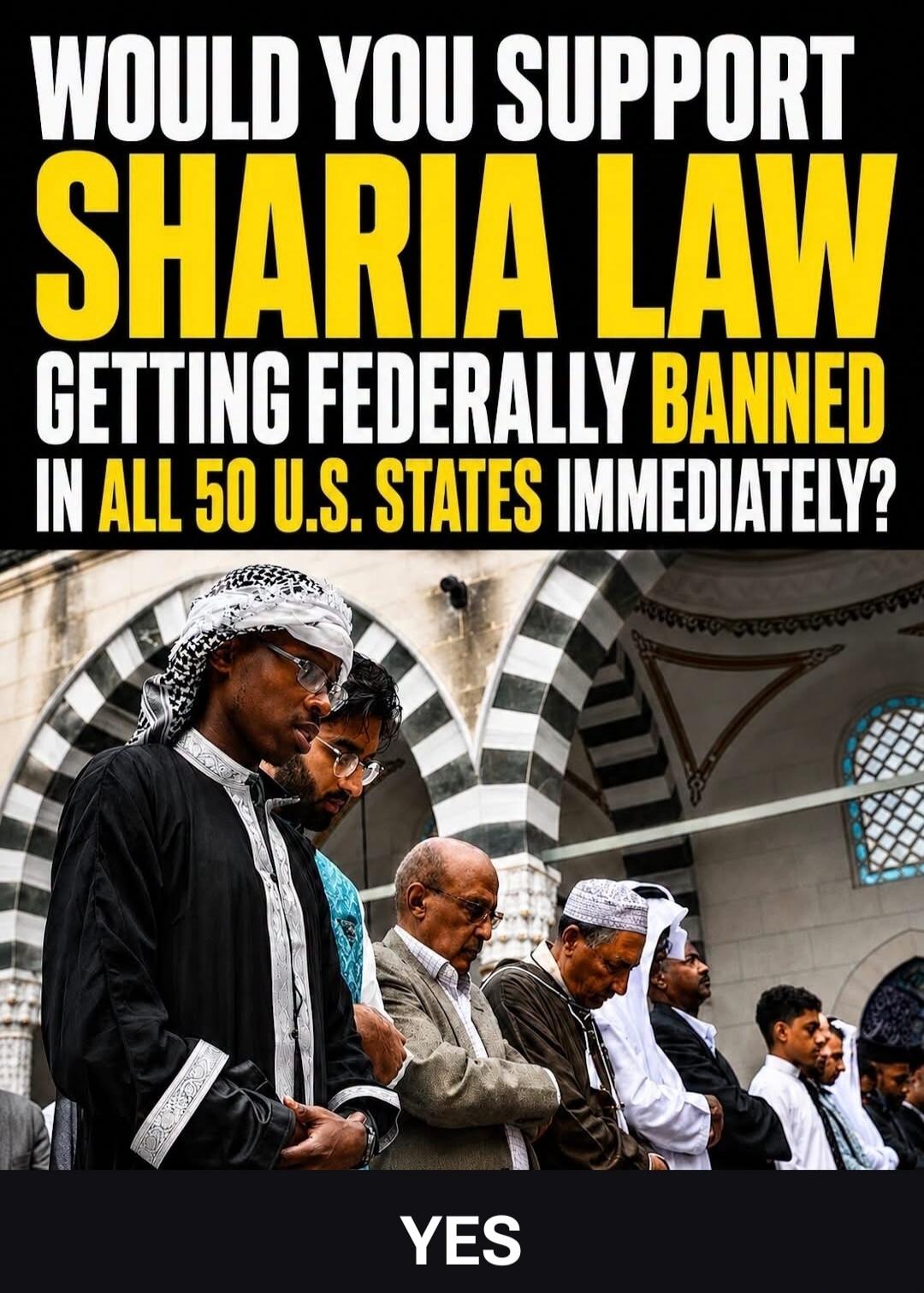 WOULD YOU SUPPORT SHARIA LAW GETTING FEDERALLY BANNED IN ALL 50 U.S. STATES IMMEDIATELY? YES