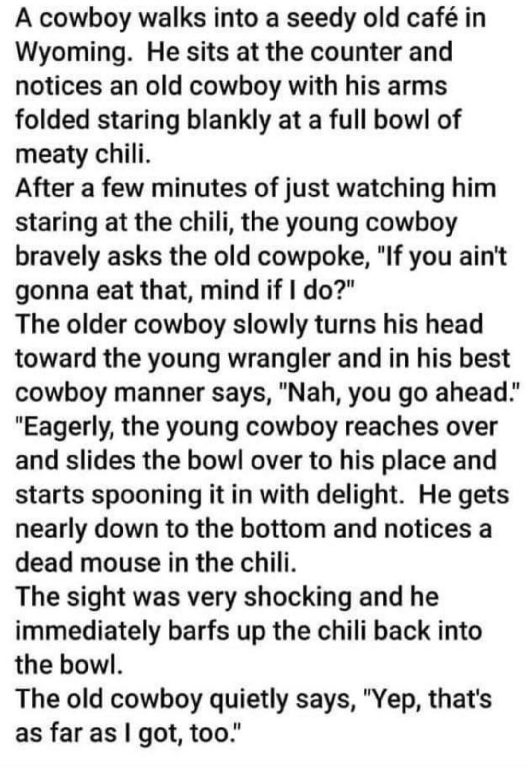 A cowboy walks into a seedy old café in Wyoming. He sits at the counter and notices an old cowboy with his arms folded staring blankly at a full bowl of meaty chili. After a few minutes of just watching him staring at the chili, the young cowboy bravely asks the old cowpoke, 