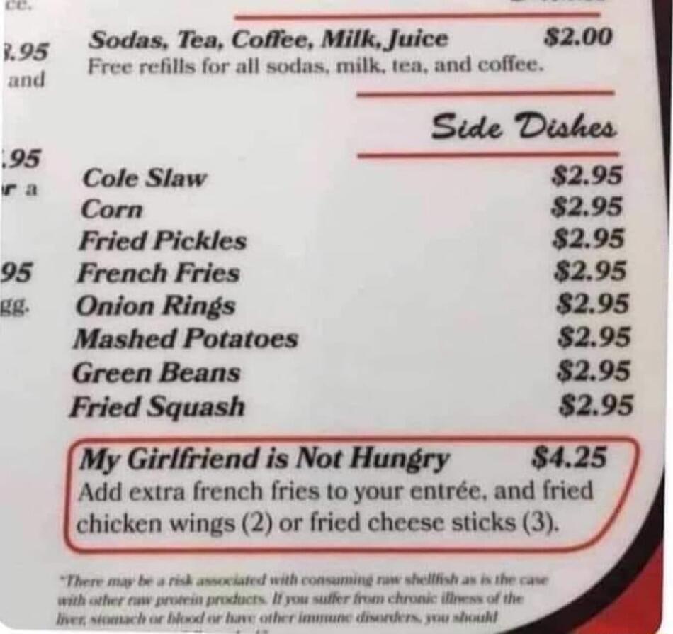 w05 Sodas Tea Coffec Milk Juice 200 g Free reiills for all sodas milk tea and coffee Stde Diskes f Cole Slaw 295 Corn 295 Fried Pickles 295 95 French Fries 295 4 Onion Rings 295 Mashed Potatoes 295 Green Beans 295 Fried Squash 295 My Girlfriend is Not Hungry 425 Add extra french fries to your entre and fried chicken wings 2 or fried cheese sticks 3 Thers oy b ik st it o r s o o e o e s o et g 1 v 