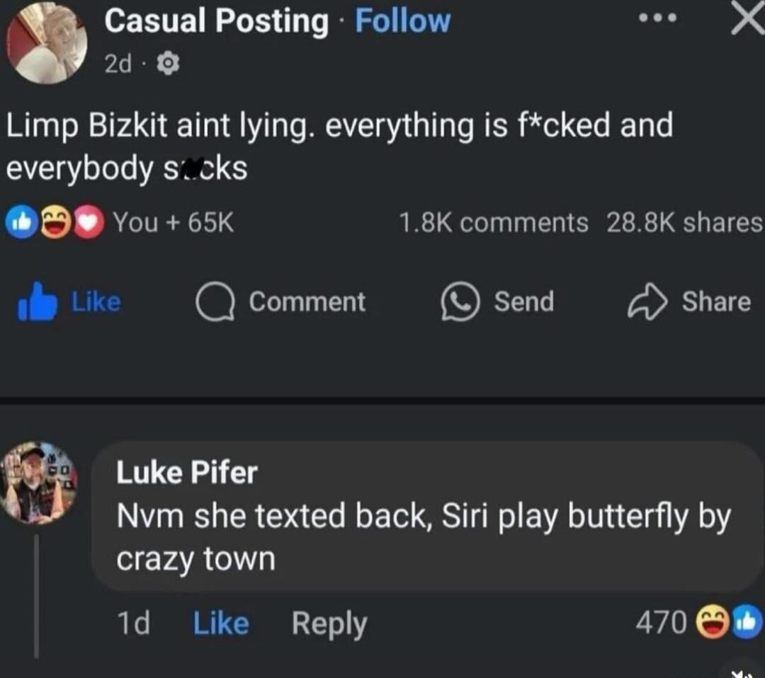 Limp Bizkit ain't lying. everything is f*cked and everybody s*cks

Luke Piper: Nvm she texted back, Siri play butterfly by crazy town