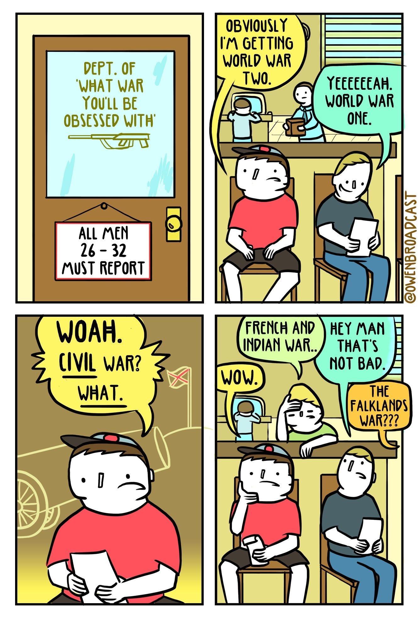 DEPT OF WHAT WAR YOuLL BE OBSESSED WITH ALL MEN 26 32 MUST REPORT IM GETTING WORLD WAR 0BVIOUSLY OWENBROADPCAST WOAH CIVIL WAR VAT