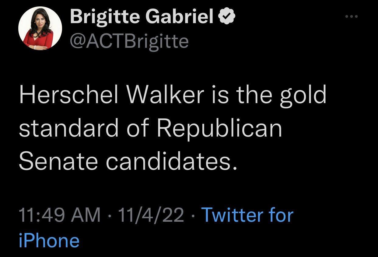 Brigitte Gabriel ACTBrigitte Herschel Walker is the gold standard of Republican SENEICENeETleeEYEN 1149 AM 11422 Twitter for iPhone