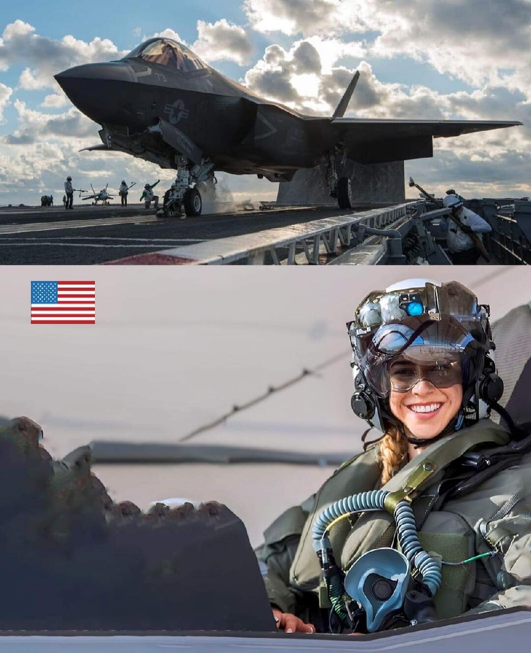 An F-35 fighter jet on an aircraft carrier deck, with crew members. Below, a smiling female pilot in a flight suit and helmet in the cockpit, with an American flag symbol.