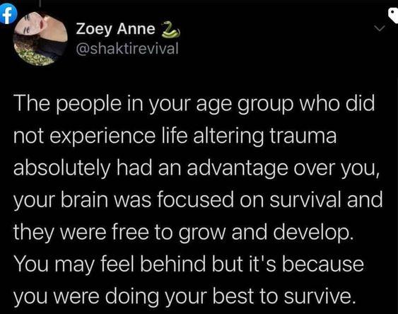 Zoey Anne 2 EGEINTEVIE The people in your age group who did not experience life altering trauma absolutely had an advantage over you your brain was focused on survival and LEAVEIERgC o e foVE gle e SIV1 o0 You may feel behind but its because WIVRNET Yo o ale RYeI8 ol M e XSV aVIVN