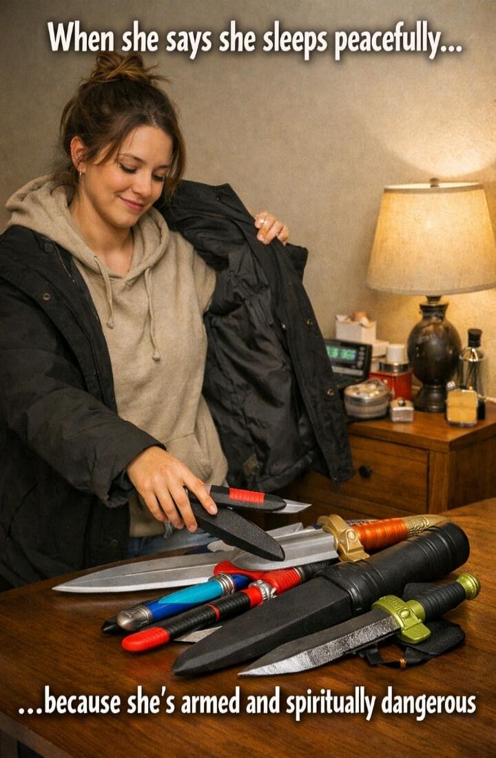 When she says she sleeps peacefully... ...because she's armed and spiritually dangerous
