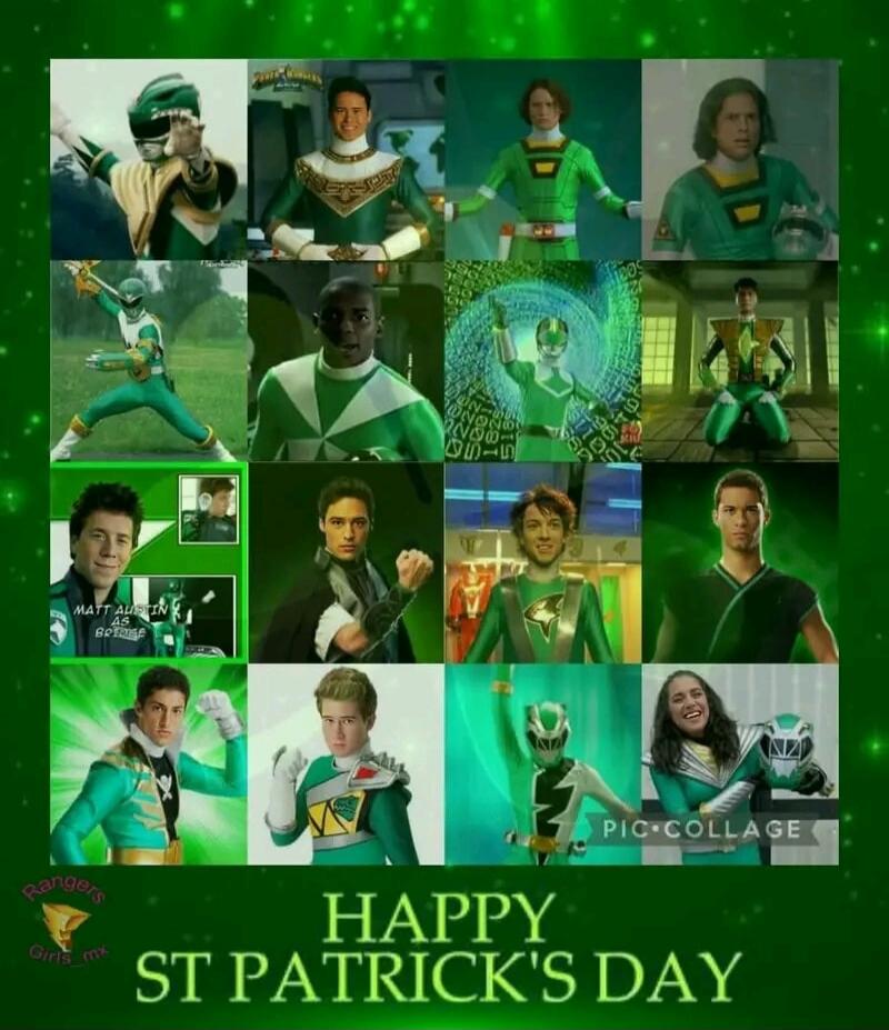 A collage featuring various Green Rangers from the Power Rangers franchise. Text on image: 'MATT AUSTIN AS BETHLEF', 'Rangers Girls_mx', 'PIC COLLAGE', 'HAPPY ST PATRICK'S DAY'.