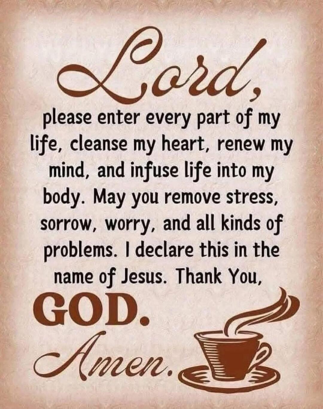 Lord, please enter every part of my life, cleanse my heart, renew my mind, and infuse life into my body. May you remove stress, sorrow, worry, and all kinds of problems. I declare this in the name of Jesus. Thank You, GOD. Amen.