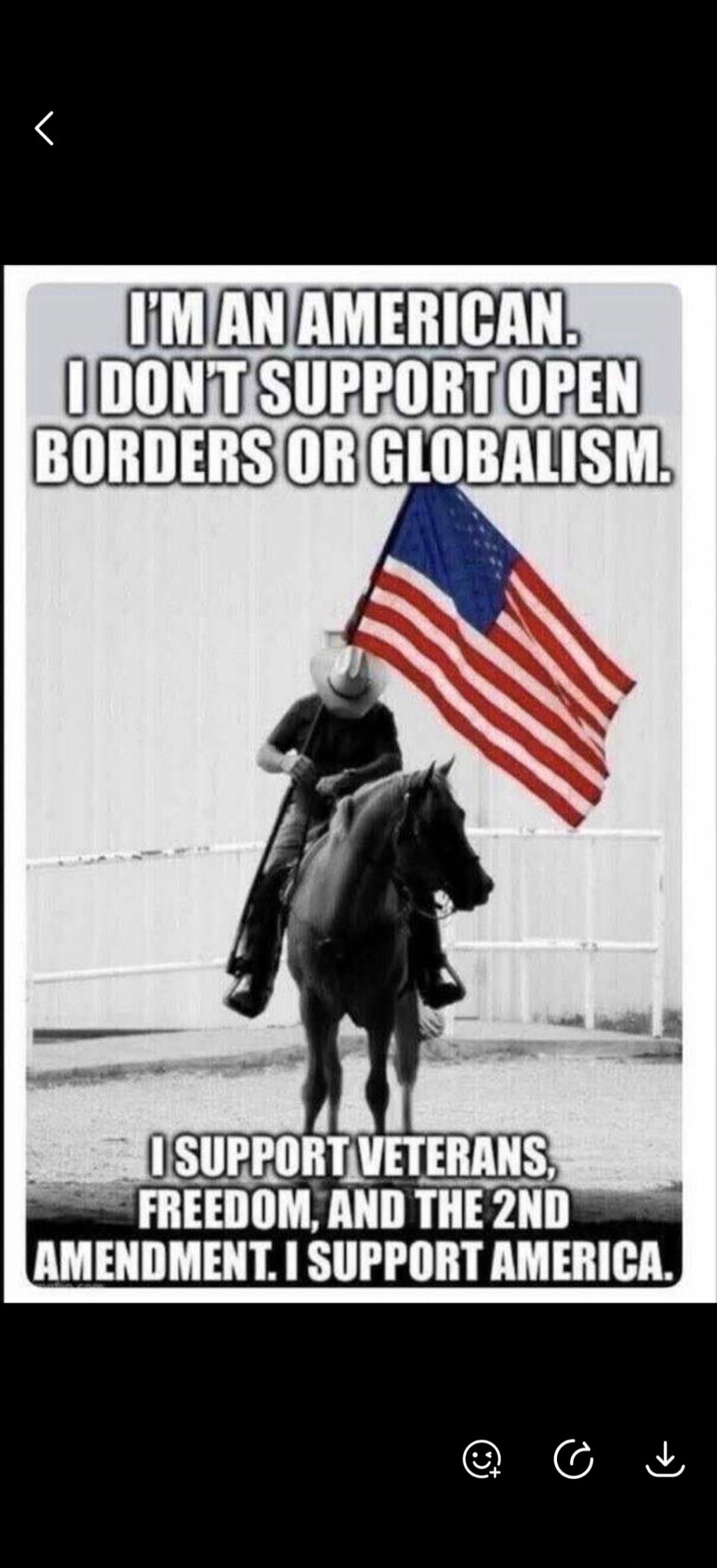 I'M AN AMERICAN. I DON'T SUPPORT OPEN BORDERS OR GLOBALISM. I SUPPORT VETERANS, FREEDOM, AND THE 2ND AMENDMENT. I SUPPORT AMERICA.