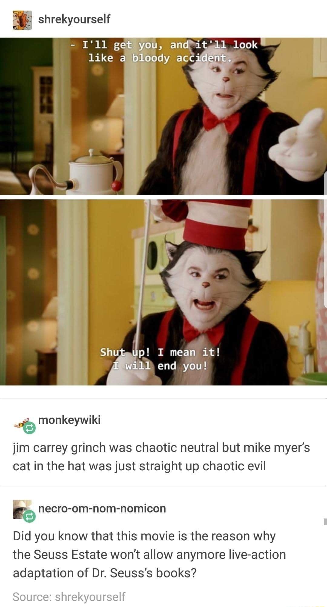 shrekyourself monkeywiki L ywi jim carrey grinch was chaotic neutral but mike myers cat in the hat was just straight up chaotic evil necro om nom nomicon Did you know that this movie is the reason why the Seuss Estate wont allow anymore live action adaptation of Dr Seusss books