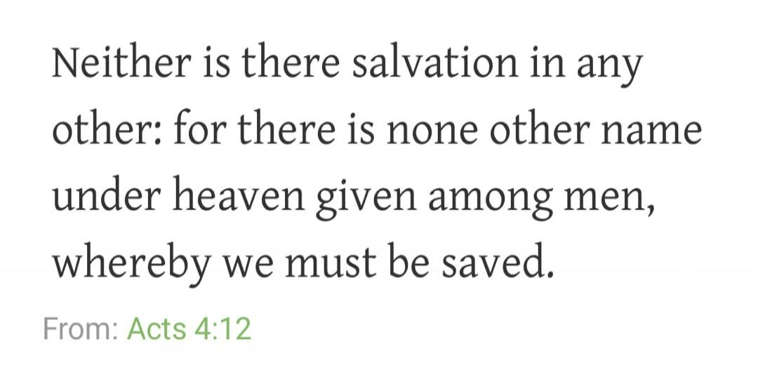 Neither is there salvation in any other: for there is none other name under heaven given among men, whereby we must be saved. From: Acts 4:12
