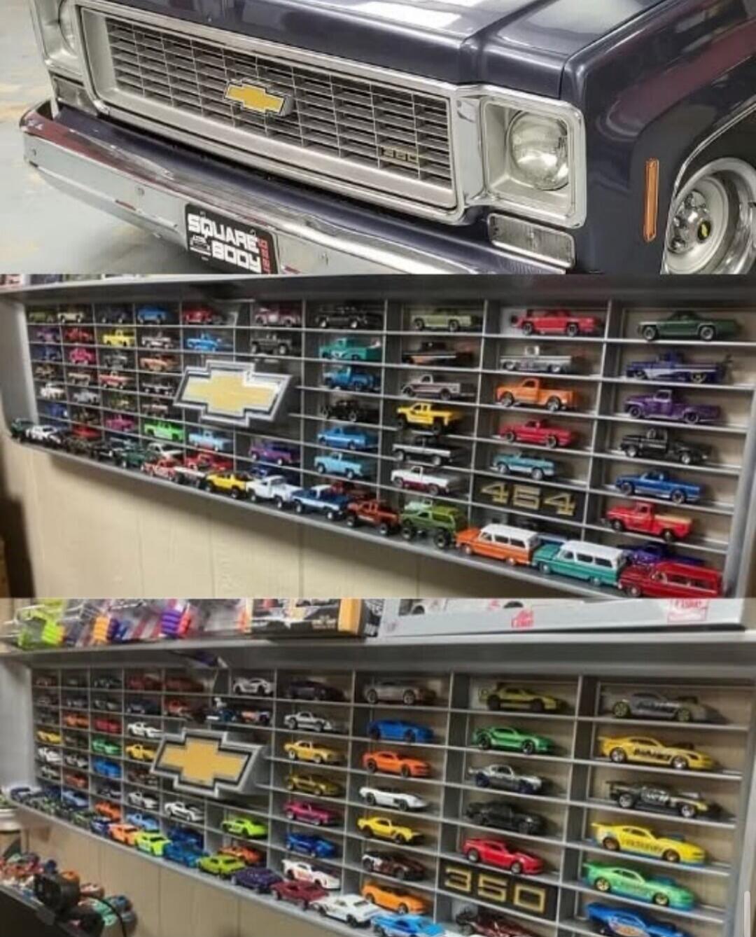 Chevrolet logo on a display shelf with a large window showing many small toy cars arranged in rows on a multi-tiered rack.