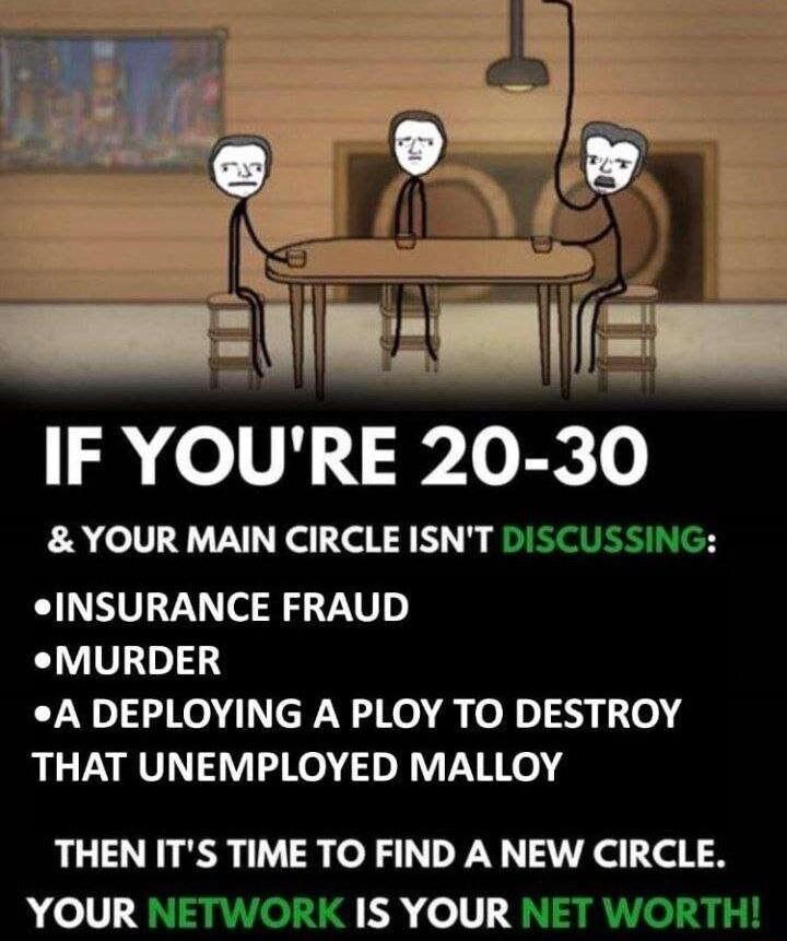 IF YOURE 20 30 YOUR MAIN CIRCLE ISNT DISCUSSING INSURANCE FRAUD MURDER A DEPLOYING A PLOY TO DESTROY THAT UNEMPLOYED MALLOY THEN ITS TIME TO FIND A NEW CIRCLE YOUR NETWORI IS YOUR NET WORTH