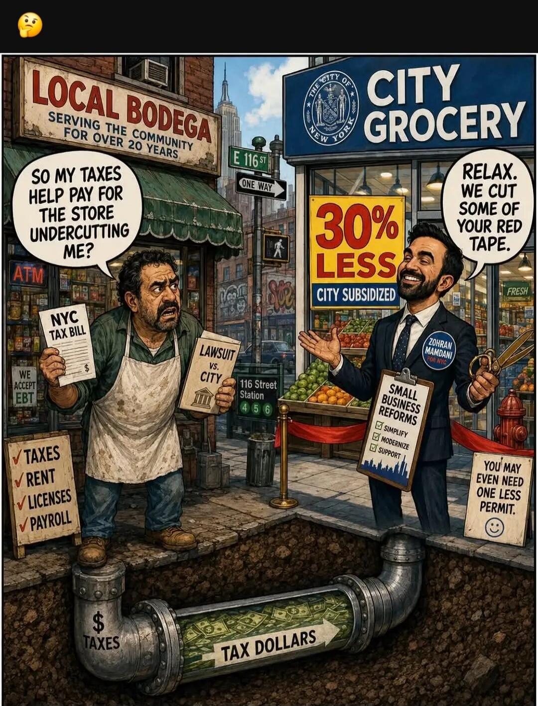 LOCAL BODEGA SERVING THE COMMUNITY FOR OVER 20 YEARS. SO MY TAXES HELP PAY FOR THE STORE UNDERCUTTING ME? NYC TAX BILL. WE ACCEPT EBT. TAXES, RENT, LICENSES, PAYROLL. LAWSUIT vs. CITY. E 116 ST ONE WAY. THE CITY OF NEW YORK. CITY GROCERY. 30% LESS CITY SUBSIDIZED. RELAX. WE CUT SOME OF YOUR RED TAPE. ZOHRAN MAMDANI FOR NYC. SMALL BUSINESS REFORMS. 