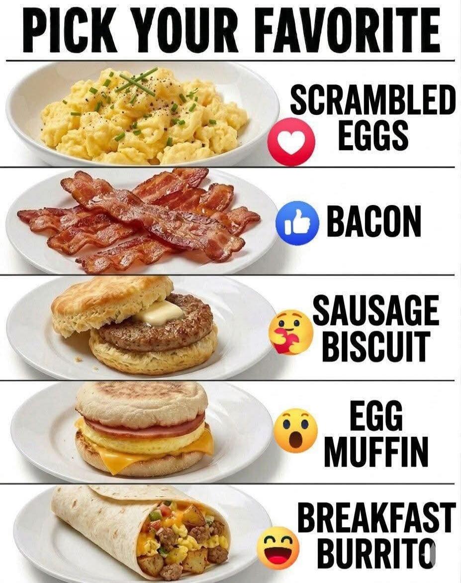 PICK YOUR FAVORITE SCRAMBLED EGGS BACON SAUSAGE BISCUIT EGG MUFFIN BREAKFAST BURRITO