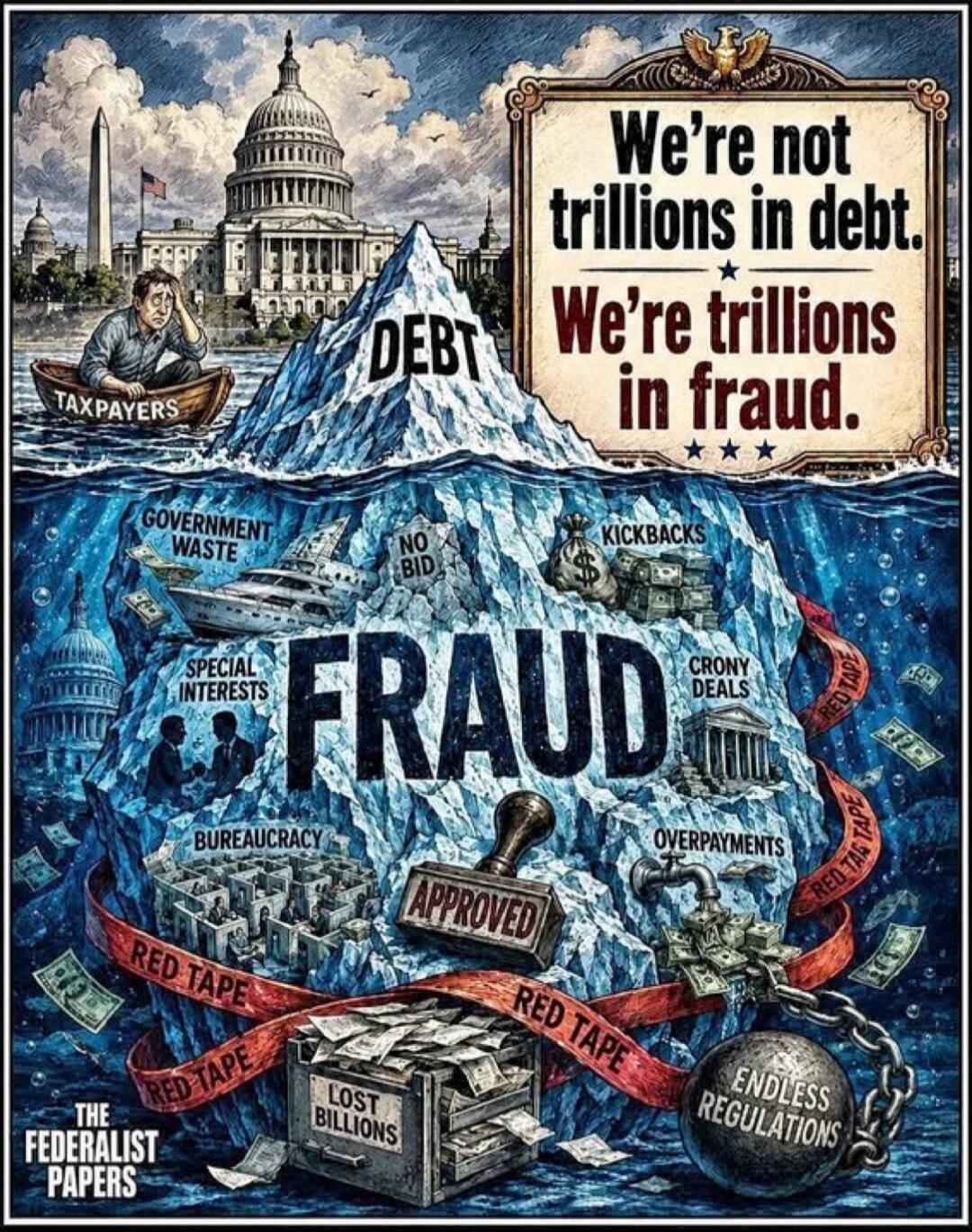 We're not trillions in debt. We're trillions in fraud. DEBT. TAXPAYERS. FRAUD. GOVERNMENT WASTE. NO BID. KICKBACKS. SPECIAL INTERESTS. BUREAUCRACY. APPROVED. RED TAPE. LOST BILLIONS. CRONY DEALS. OVERPAYMENTS. ENDLESS REGULATIONS. THE FEDERALIST PAPERS.