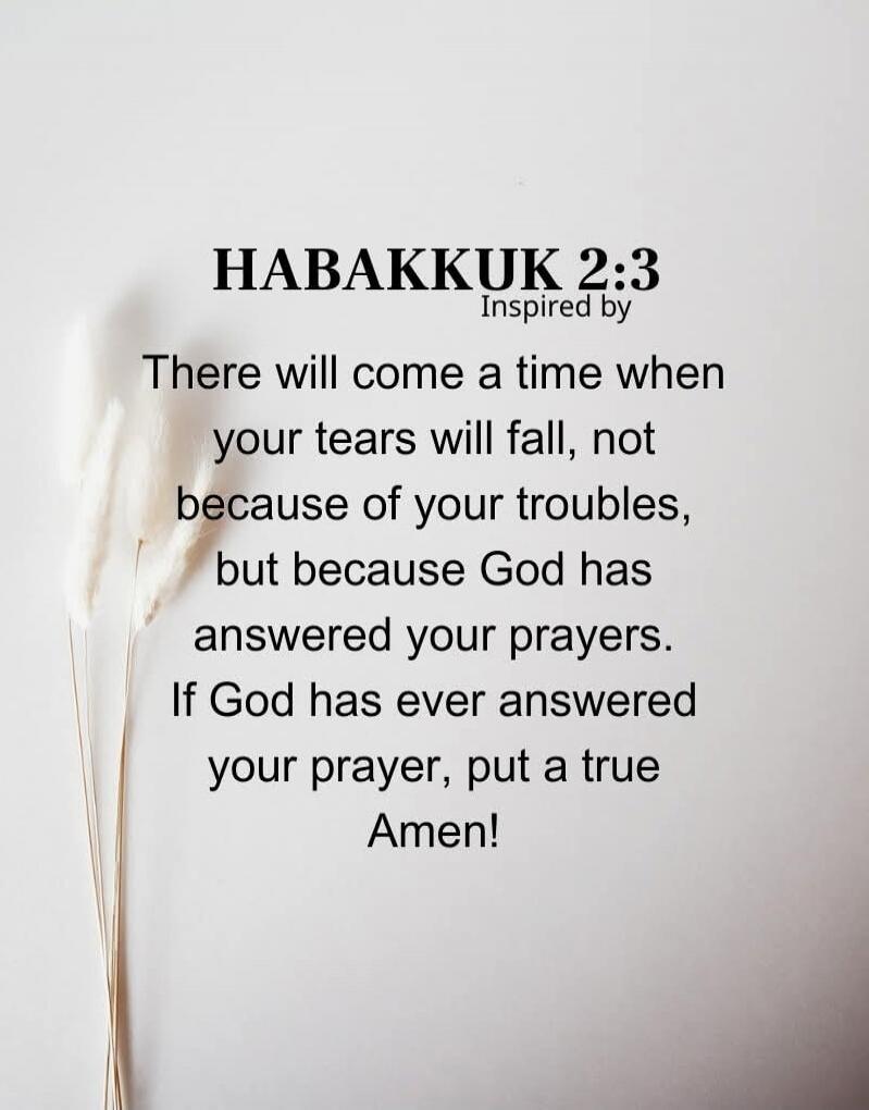 HABAKKUK 2:3 Inspired by There will come a time when your tears will fall, not because of your troubles, but because God has answered your prayers. If God has ever answered your prayer, put a true Amen!