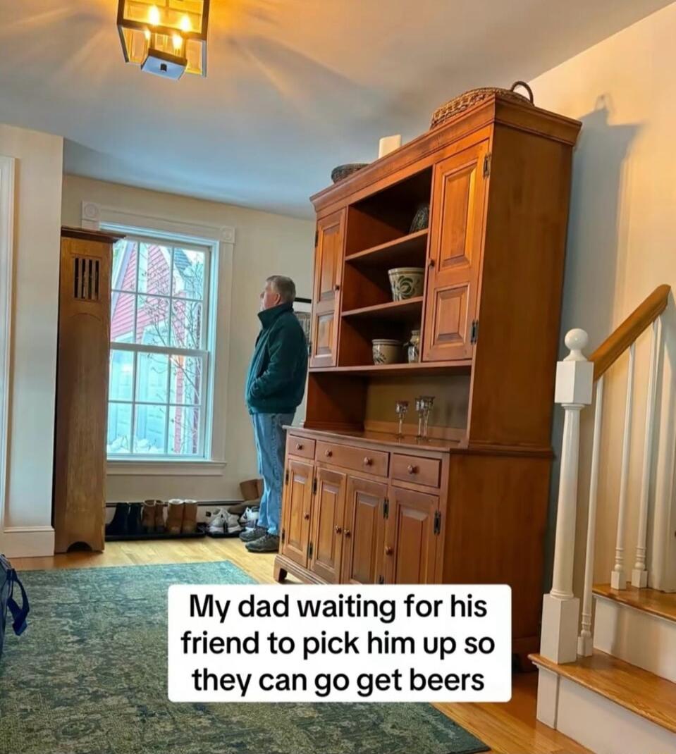 My dad waiting for his friend to pick him up so they can go get beers