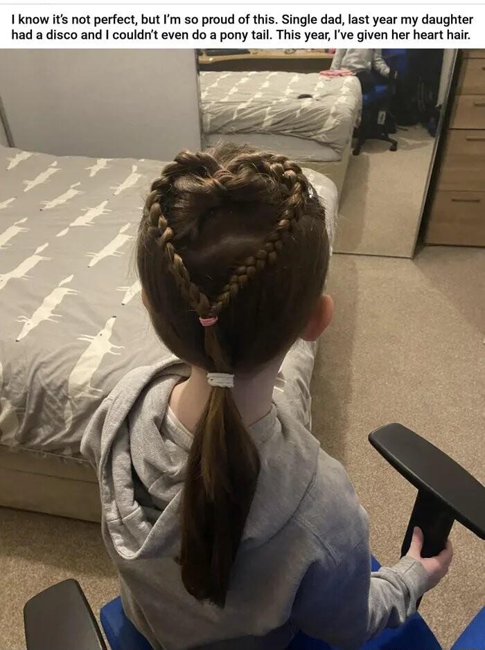 Iknow its not perfect but fm so proud of this Single dad last year my daughter had a disco and couldnt even do a pony tail This year ve given her heart hair