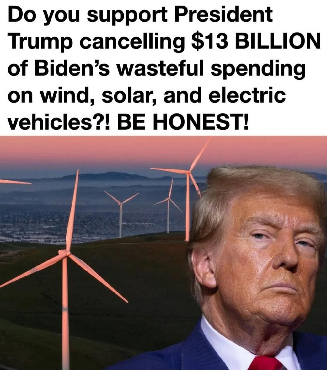 Do you support President Trump cancelling $13 BILLION of Biden's wasteful spending on wind, solar, and electric vehicles?! BE HONEST!