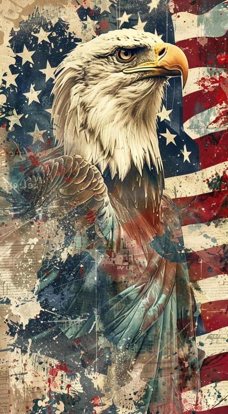 Patriotic artwork featuring a bald eagle overlaid on the American flag.