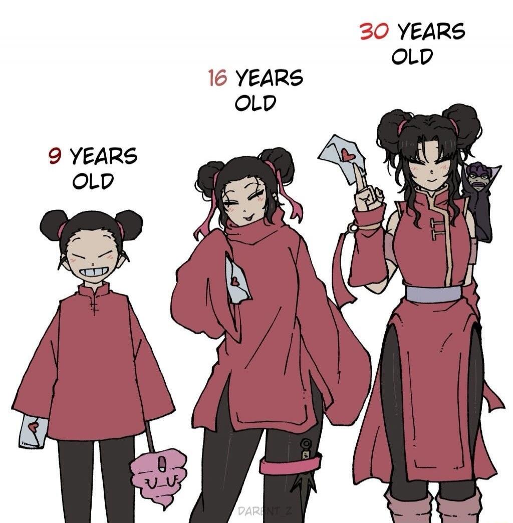 The image shows a character evolving through different ages: 9 years old, 16 years old, and 30 years old. Each stage depicts changes in appearance and style.