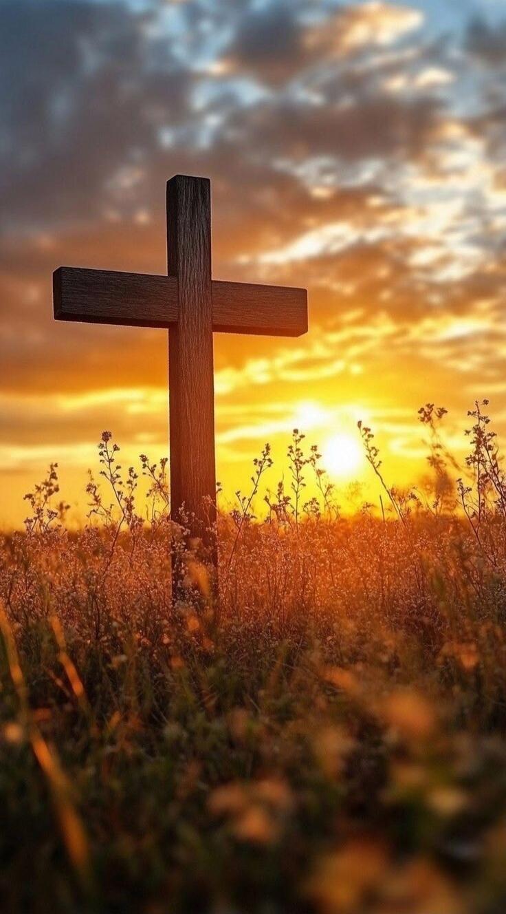 A wooden cross stands in a sunlit field at sunset.