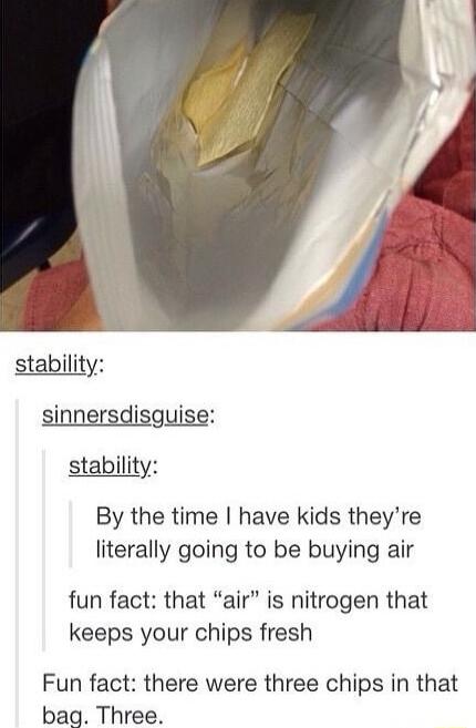 stability sinnersdisguise stability By the time have kids theyre literally going to be buying air fun fact that air is nitrogen that keeps your chips fresh Fun fact there were three chips in that bag Three