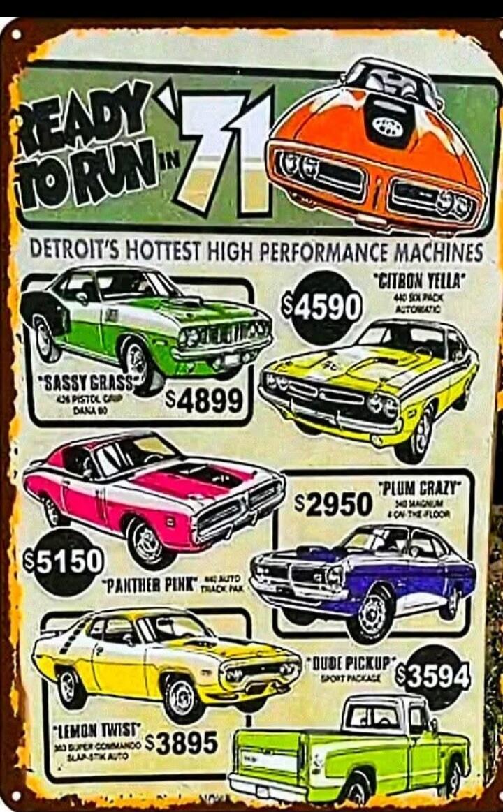 Ready to Run in '71. Detroit's Hottest High Performance Machines. Citron Yella. Panther Pink. Sassy Grass. Plum Crazy. Dude Pickup. Lemon Twist. 71.
