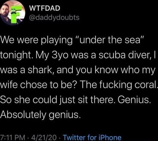 WTFDAD QLEL Ve el We were playing under the sea olallea MV VASI AL Rel8 o e T was a shark and you know who my WiiNelalel IR N oY Na SR elpToRelel 1 SToRa IRl lU o SV Y A a TSR EITalVEN Absolutely genius 711 PM 42120 Twitter for iPhone