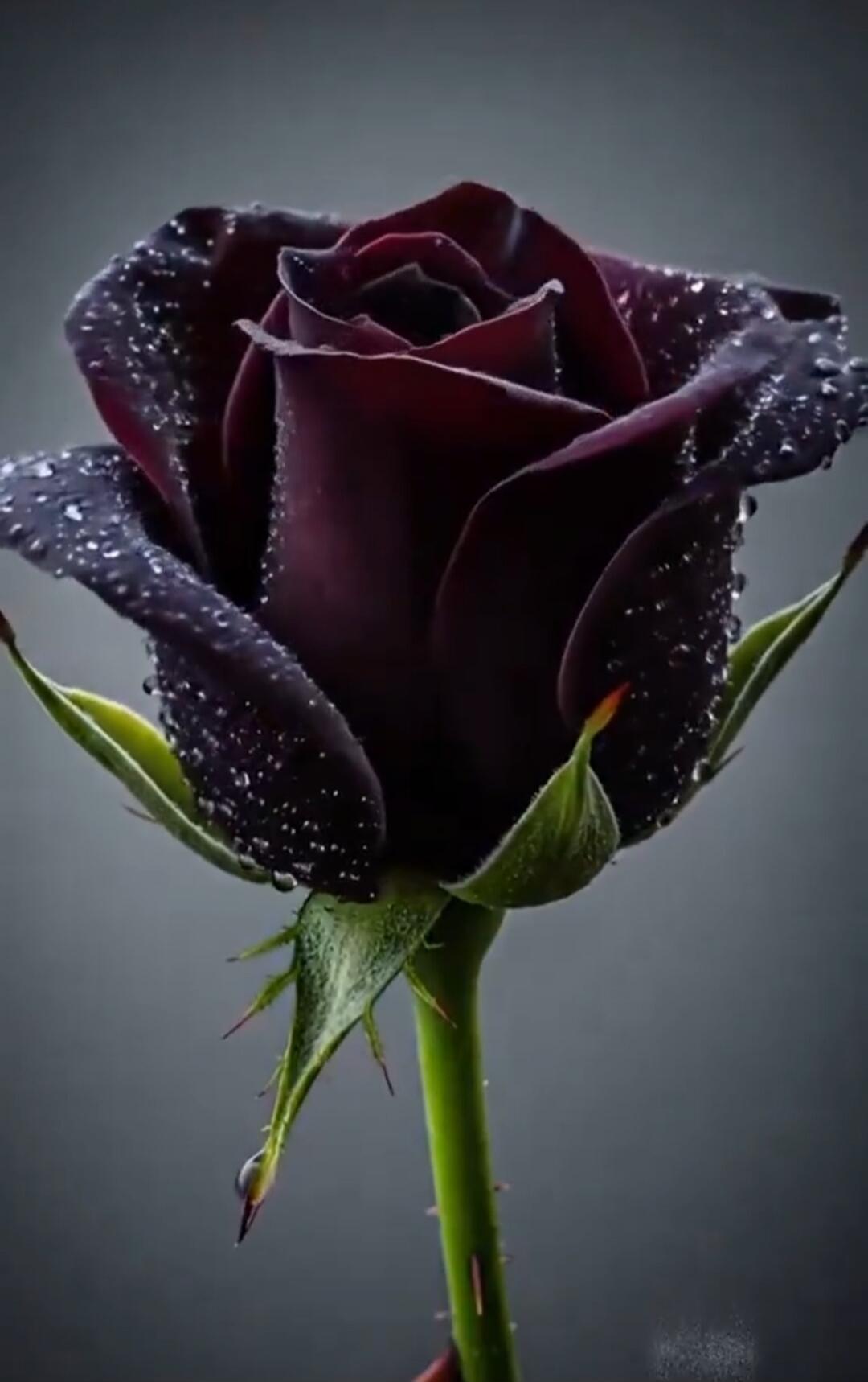 a dark purple rose with dewdrops