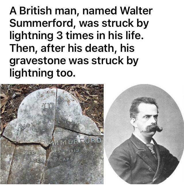 A British man named Walter Summerford was struck by lightning 3 times in his life Then after his death his gravestone was struck by lightning too