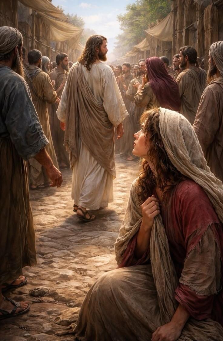 The image depicts a scene from biblical times, likely a depiction of Jesus Christ walking through a crowded marketplace or street. He is seen from behind, wearing a white robe and sandals, with a beard and long hair. A woman in the foreground, kneeling and looking up at him with a pensive expression, is draped in a shawl. The surrounding crowd is d