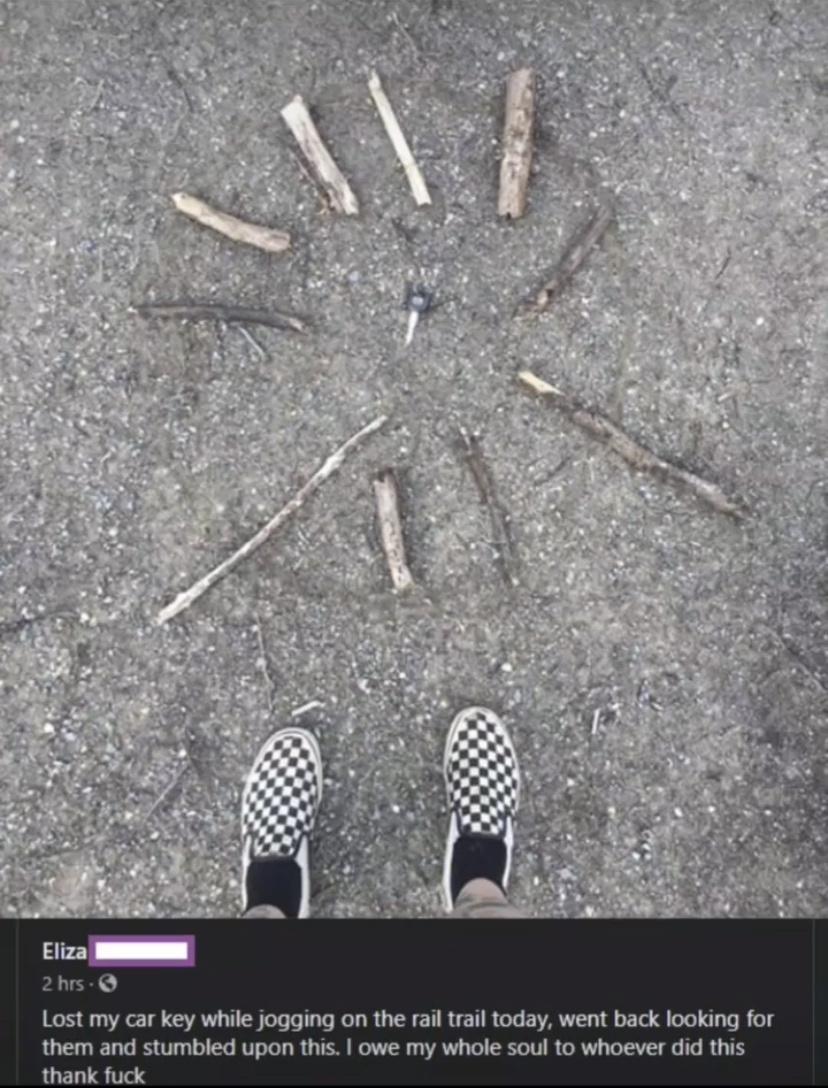 Eliza 2hs Lost my car key while jogging on the rai trail today went back looking for them and stumbled upon this owe my whole soul to whoever did this rery